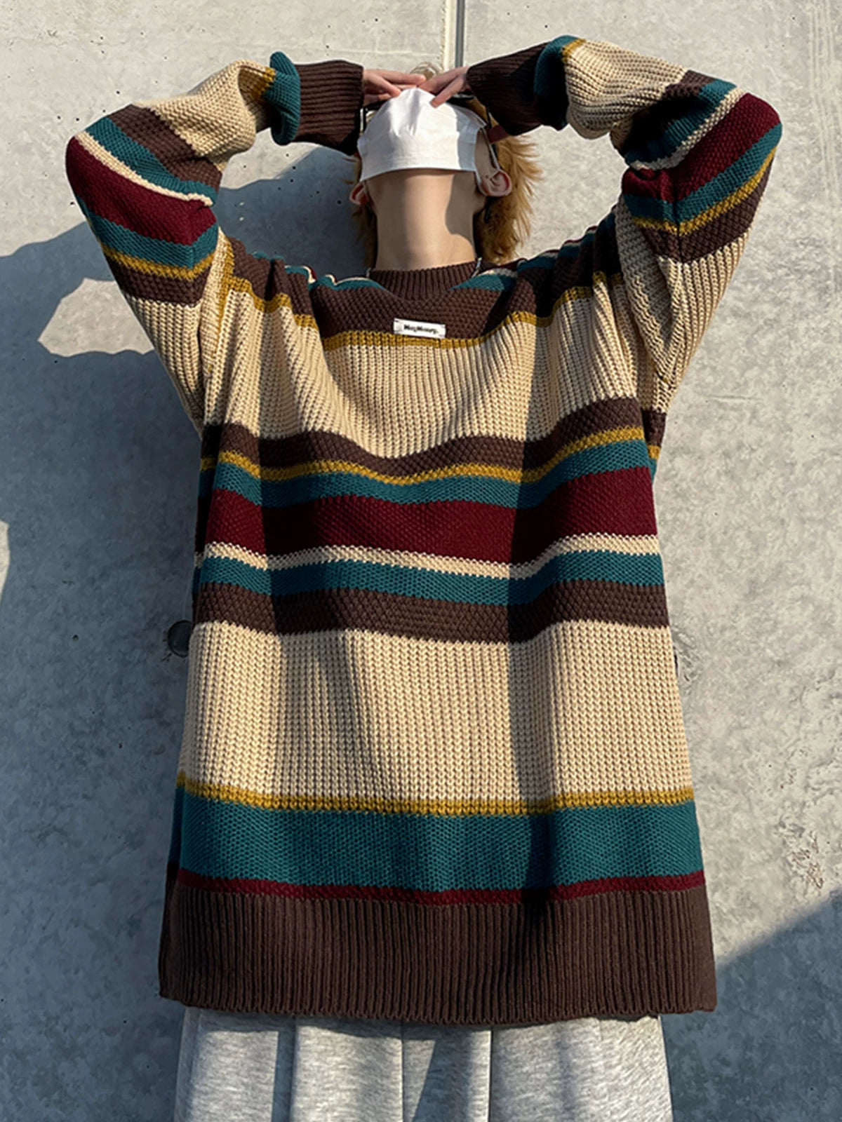 レトロ ストライプ フードレス ニットセーター